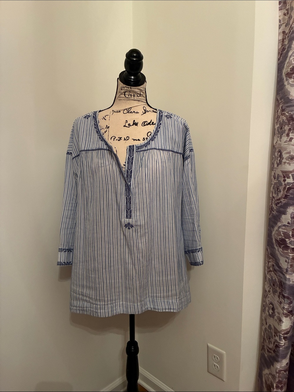J. Jill Blue and White Striped Embroidered Blouse